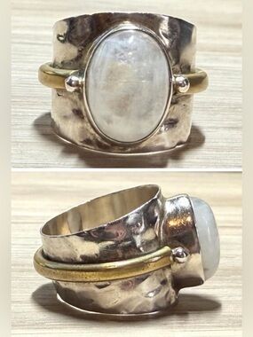 Vintage Designer YS Sterling Silver & Brass Moonstone Wide Band Ring. Size 8.5